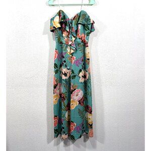 Amanda Uprichard Mint Green Floral strapless jumpsuit with ruffles size L